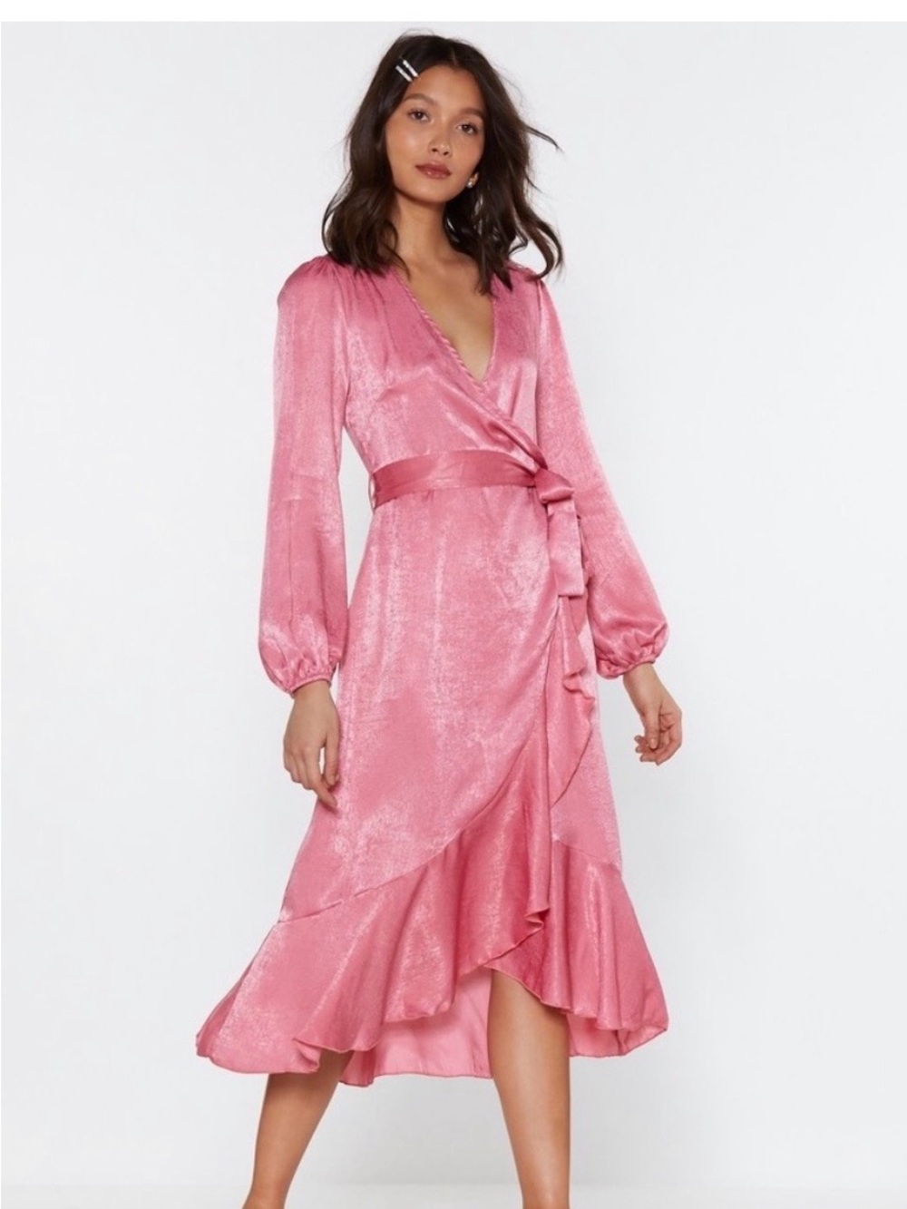 NWT Nasty Gal Frill Or Won't You Satin Ruffle Wrap Midi Dress Sz 4 in Pink